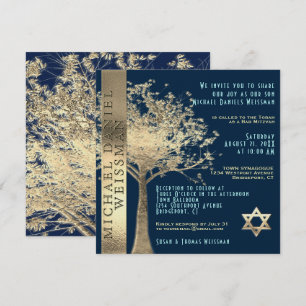 Boom van Life Gold en Navy Blue Bar Mitzvah Kaart