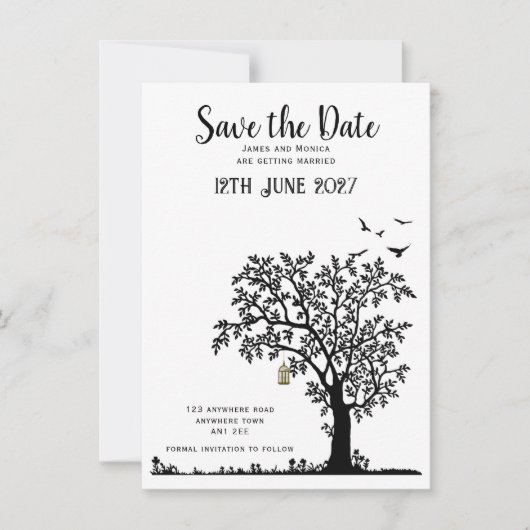 Boom/Vogel Eenvoudige Zwart-wit Save-the-date Kaart (Voorkant)