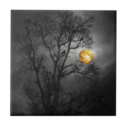 Boom vol met ravens met volle maan. tegeltje (Voorkant)
