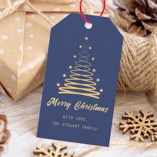 Boom Vrolijke Kerstmis Navy Blue Vakantie Cadeaulabel