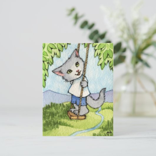 Boom zingt - Cute Cat Art Briefkaart (Staand voorkant)