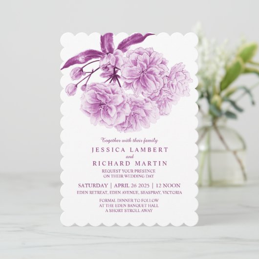 Boombloesem waterverf schemerige paarse bruiloft kaart (Staand voorkant)