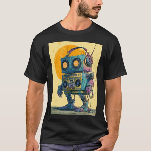 Boombox Bot Wanderer — Grunge Retro Mech  T-shirt (Voorkant)