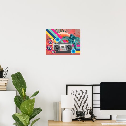 Boombox met tropische bladeren en bloemen poster (Thuiskantoor)