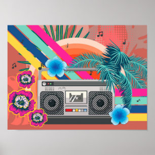 Boombox met tropische bladeren en bloemen poster