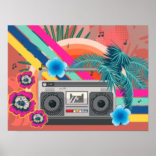 Boombox met tropische bladeren en bloemen poster (Voorkant)