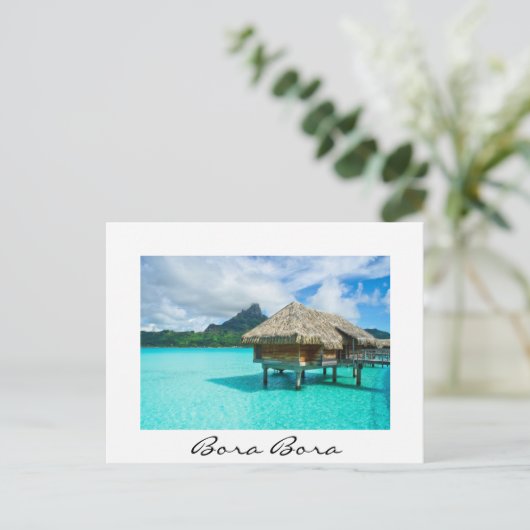 Boombungalow Bora Bora White text briefkaart (Staand voorkant)