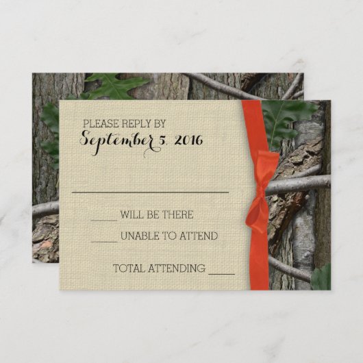 Boomcamouflage en Oranje Bow Response RSVP Kaartje (Voorkant / Achterkant)