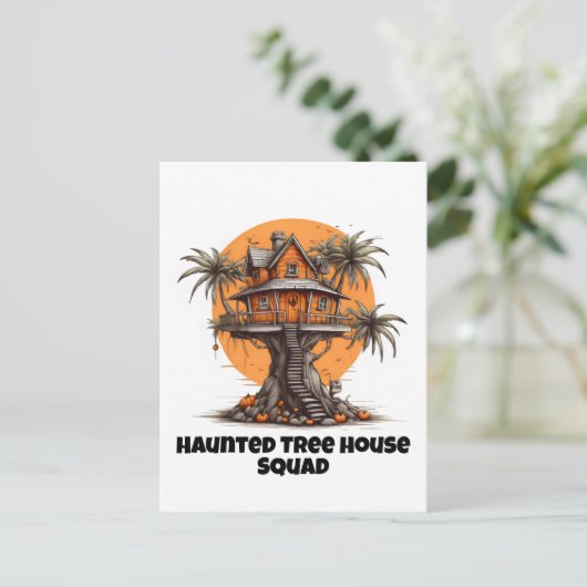 Boomhuis en pompoenen briefkaart (Staand voorkant)