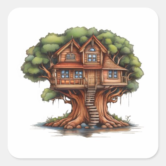 Boomhuis in redwood tree vierkante sticker (Voorkant)
