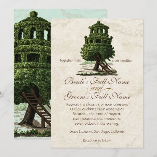  boomhuis leuk antiek perkament bruiloft kaart (Voorkant / Achterkant)