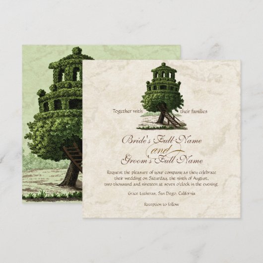 boomhuis leuk antiek perkament bruiloft kaart (Voorkant / Achterkant)