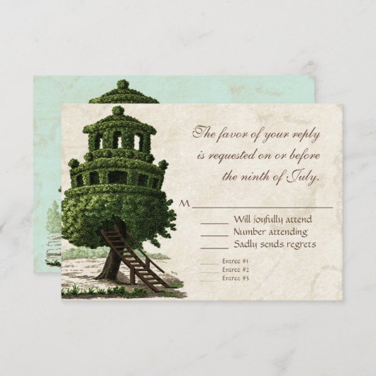  boomhuis leuk antiek perkament bruiloft RSVP kaartje (Voorkant / Achterkant)