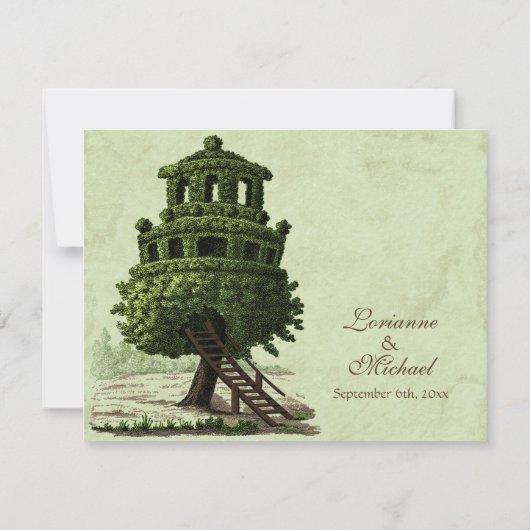  boomhuis leuk antiek perkament bruiloft RSVP kaartje (Achterkant)