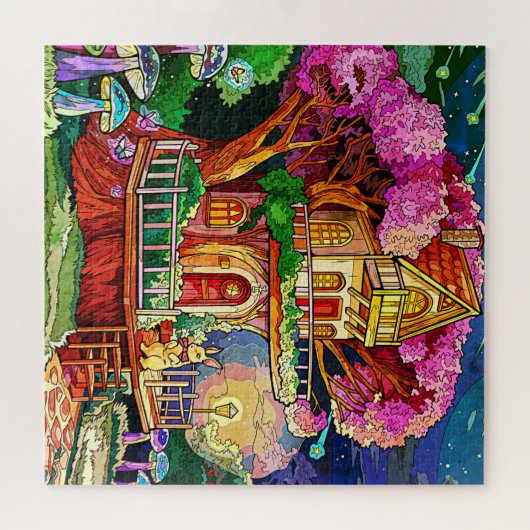 Boomhuis met konijnenillustratie legpuzzel (Horizontaal)