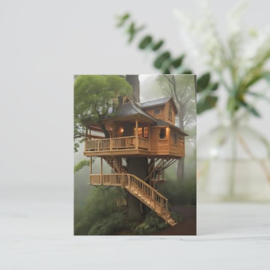 boomhut met lampjes aan briefkaart (Staand voorkant)