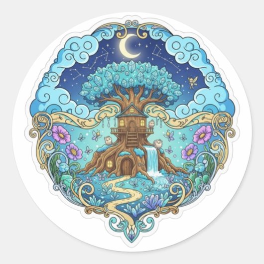 Boomhut onder maan Fantasie magische illustratie Ronde Sticker (Voorkant)