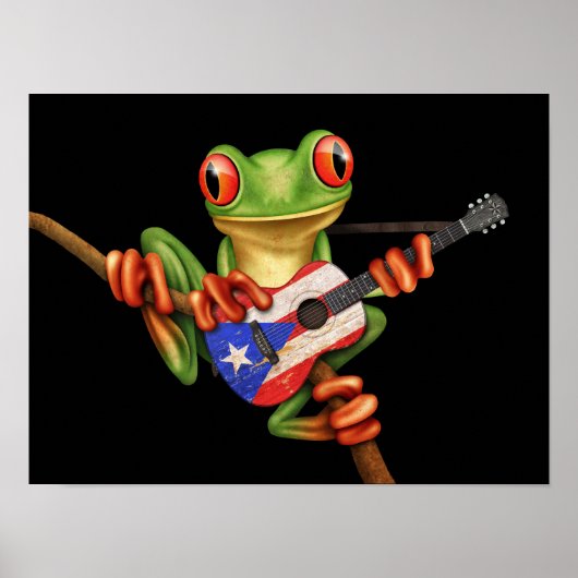 Boomkikker die Puerto Rico Flag Guitar Black speel Poster (Voorkant)