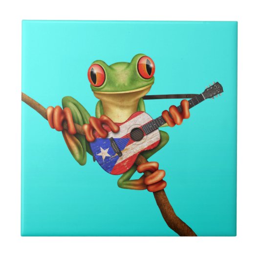Boomkikker die Puerto Rico Flag Guitar Blue Tegeltje (Voorkant)