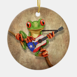 Boomkikker die Puerto Rico Flag Guitar speelt Keramisch Ornament