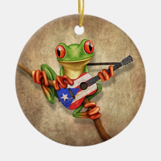 Boomkikker die Puerto Rico Flag Guitar speelt Keramisch Ornament (Voorkant)