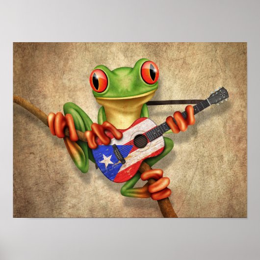 Boomkikker die Puerto Rico Flag Guitar speelt Poster (Voorkant)