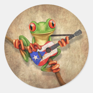 Boomkikker die Puerto Rico Flag Guitar speelt Ronde Sticker