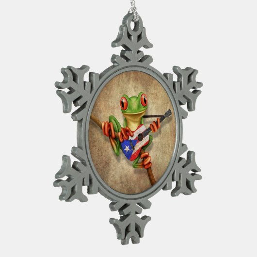 Boomkikker die Puerto Rico Flag Guitar speelt Tin Sneeuwvlok Ornament (Links)