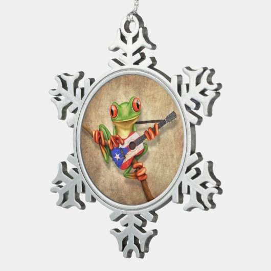 Boomkikker die Puerto Rico Flag Guitar speelt Tin Sneeuwvlok Ornament (Rechts)