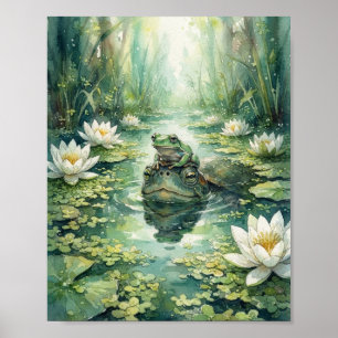 Boomkikker op schildpadneus waterverf vijver water poster
