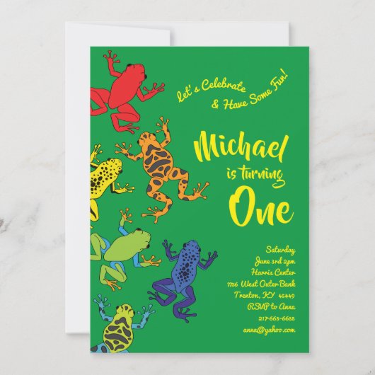 Boomkikkers Colorful 1st Birthday Cute Invitations Kaart (Voorkant)