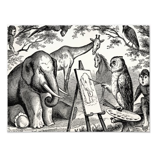  boomkorschilderende olifant 1800s Oerwoud scène Foto Afdruk (Voorkant)