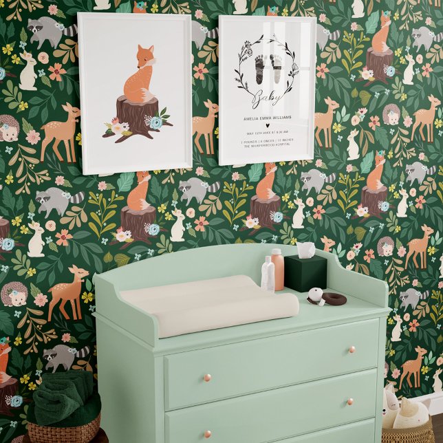 Boomkwekerij Bos Dieren Foliage & Bloemen Behang (Nursery Woodland Forest Animals Foliage & Florals Wallpaper)