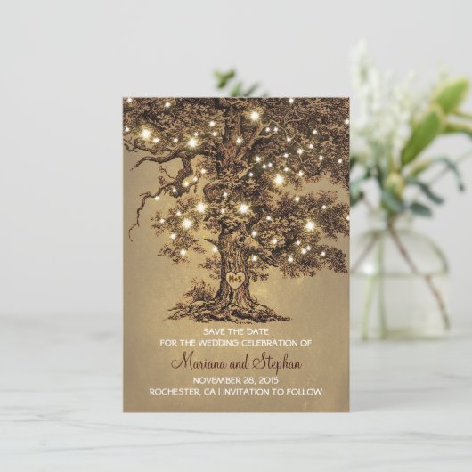  boomlichten rustiek Opslaan de datum nodigt uit Save The Date (Staand voorkant)