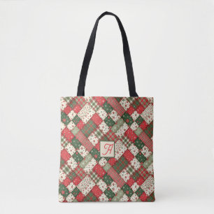 Boompatroon kerst patchwork groen rood naam tote bag