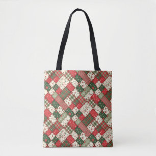 Boompatroon kerst patchwork groen rood tote bag