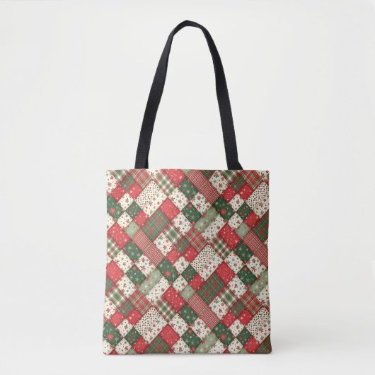 Boompatroon kerst patchwork groen rood tote bag (Voorkant)