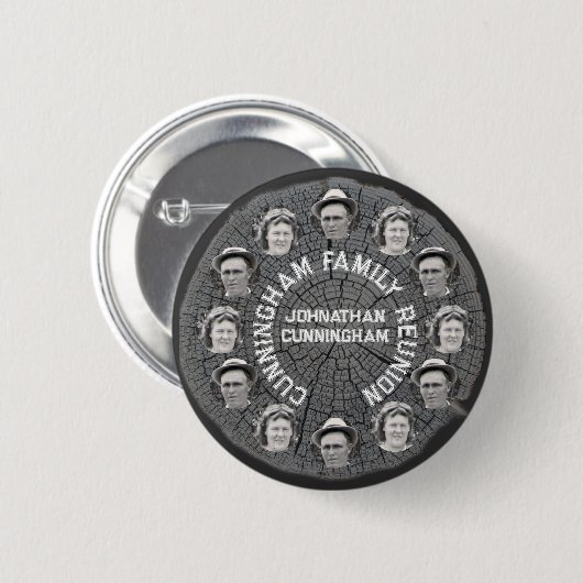 Boomplak met familiefotocirkels en naam ronde button 5,7 cm (Voorkant /achterkant)