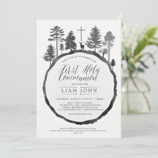 Boomring met herten communie uitnodiging (Staand voorkant)