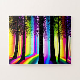Boomsilhouetten in betoverde regenboogbos legpuzzel