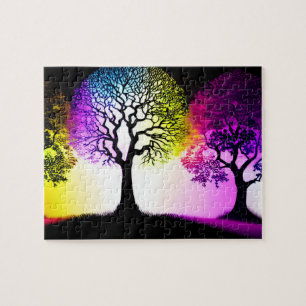 Boomsilhouetten met regenboogflare legpuzzel