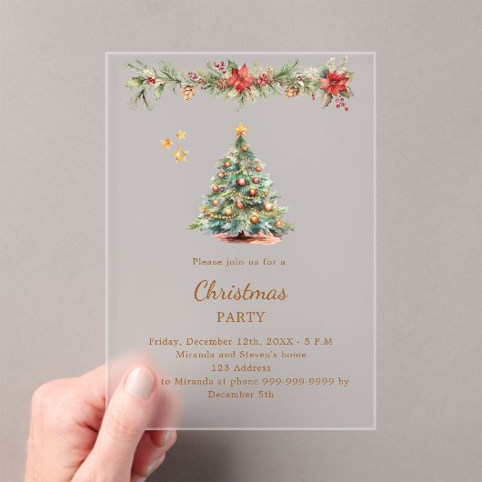 Boomslinger rode bloemen Christmas Party bevroren Acryl Uitnodigingen (Insitu (Draagbaar))