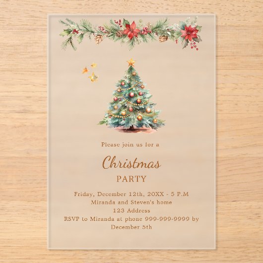 Boomslinger rode bloemen Christmas Party bevroren Acryl Uitnodigingen (Voorkant)