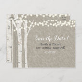 Boomstam berkenboom slingerlichten Save the Date T Aankondigingskaart (Voorkant / Achterkant)