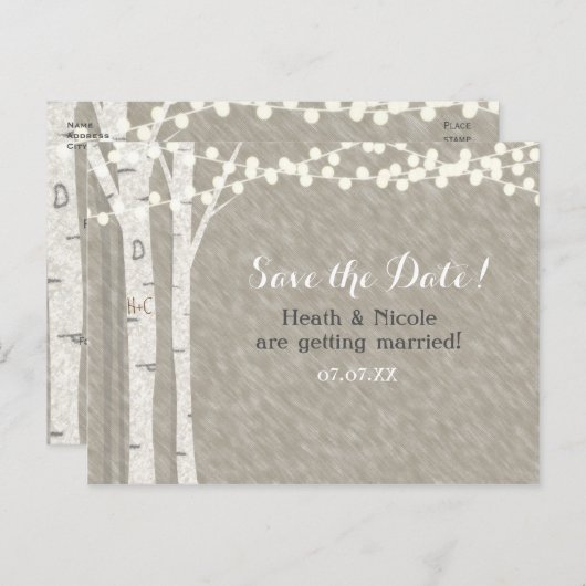 Boomstam Boom String Lichtjes Save the Date Trouwd Aankondigingskaart (Voorkant / Achterkant)