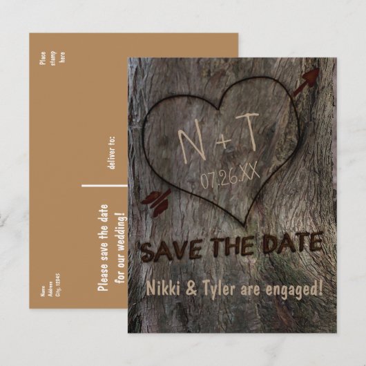 Boomstam + Gesneden Hart Save The Date Postkaart Aankondigingskaart (Voorkant / Achterkant)