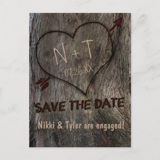 Boomstam + Gesneden Hart Save The Date Postkaart Aankondigingskaart (Voorkant)