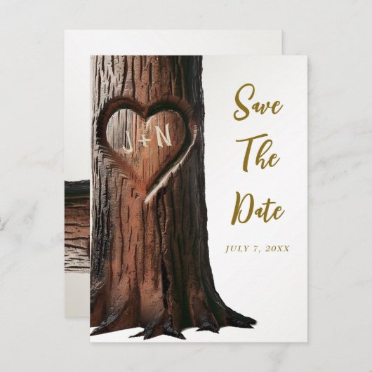 Boomstronk met uitgesneden hart Rustic Save the Da Aankondigingskaart (Voorkant / Achterkant)