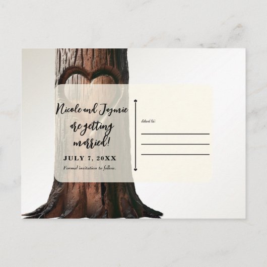 Boomstronk met uitgesneden hart Rustic Save the Da Aankondigingskaart (Achterkant)