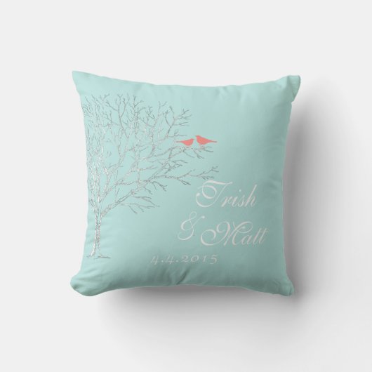 Boomtakken Aqua Coral Birds Wedding Pillow Kussen (Voorkant)